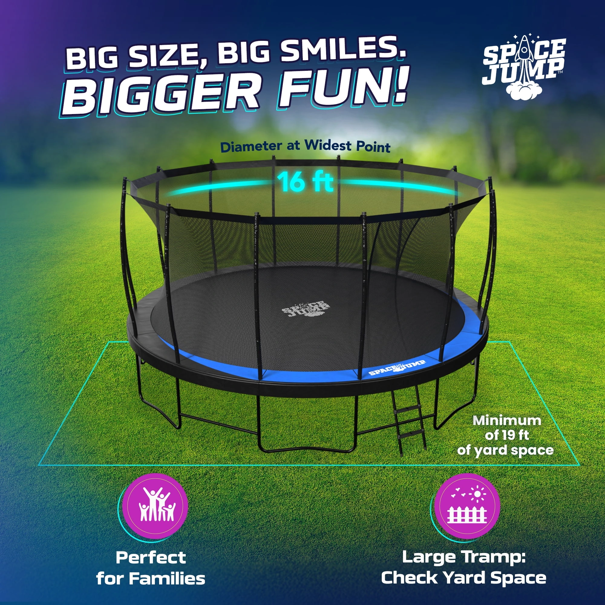 SpaceJump Lunar 16 Foot Trampoline, Outdoor Round Bouncer with Safety Net, Black - Image 2