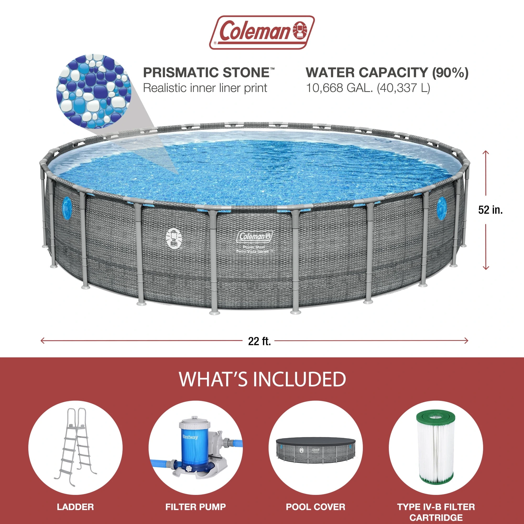 Coleman Power Steel 22’x52” Metal Frame Above Ground Pool w/ Pump, Ladder, & Cover, Gray - Image 7