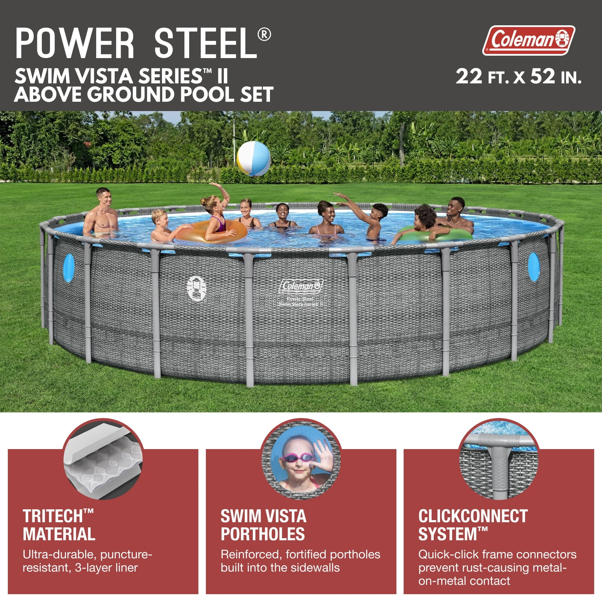 Coleman Power Steel 22’x52” Metal Frame Above Ground Pool w/ Pump, Ladder, & Cover, Gray - Image 9