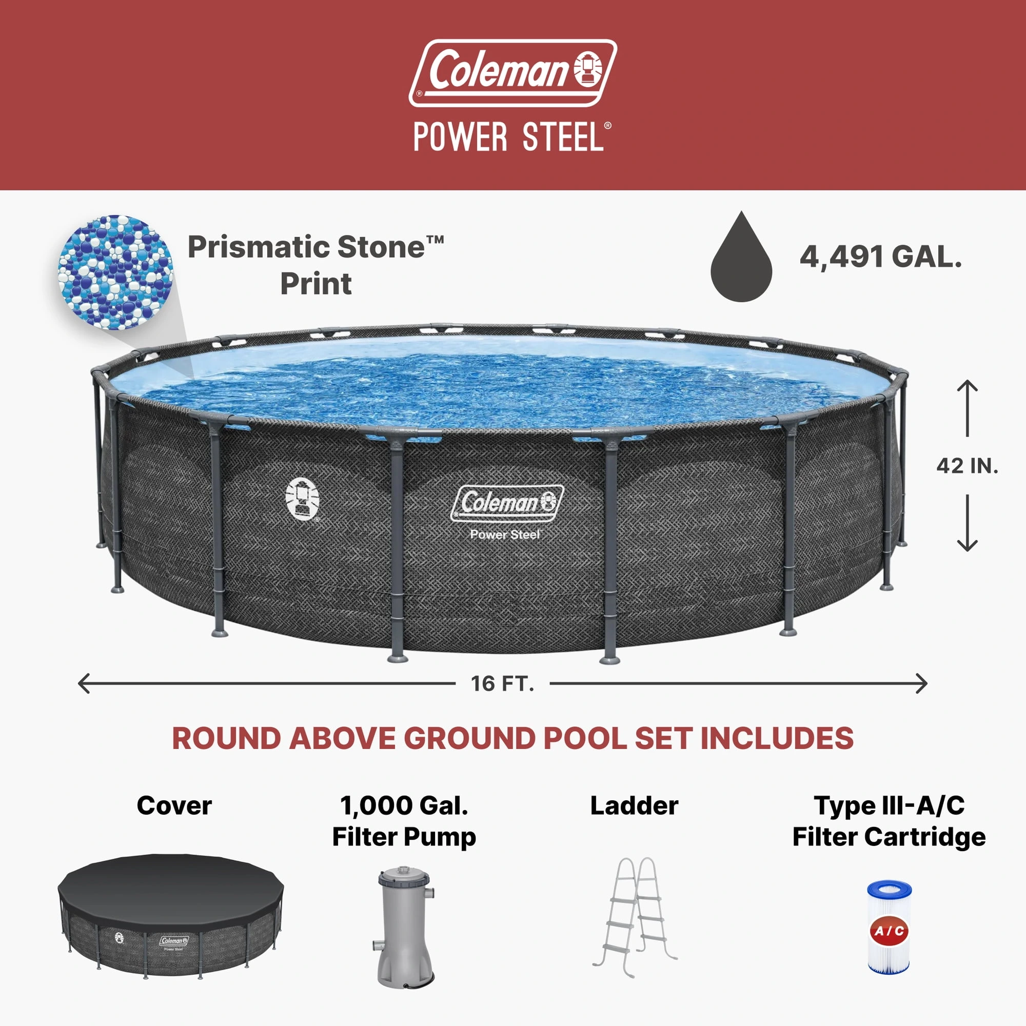 Coleman Power Steel 16 ft. x 42 in. Round Metal Frame Above Ground Pool Set - Image 2
