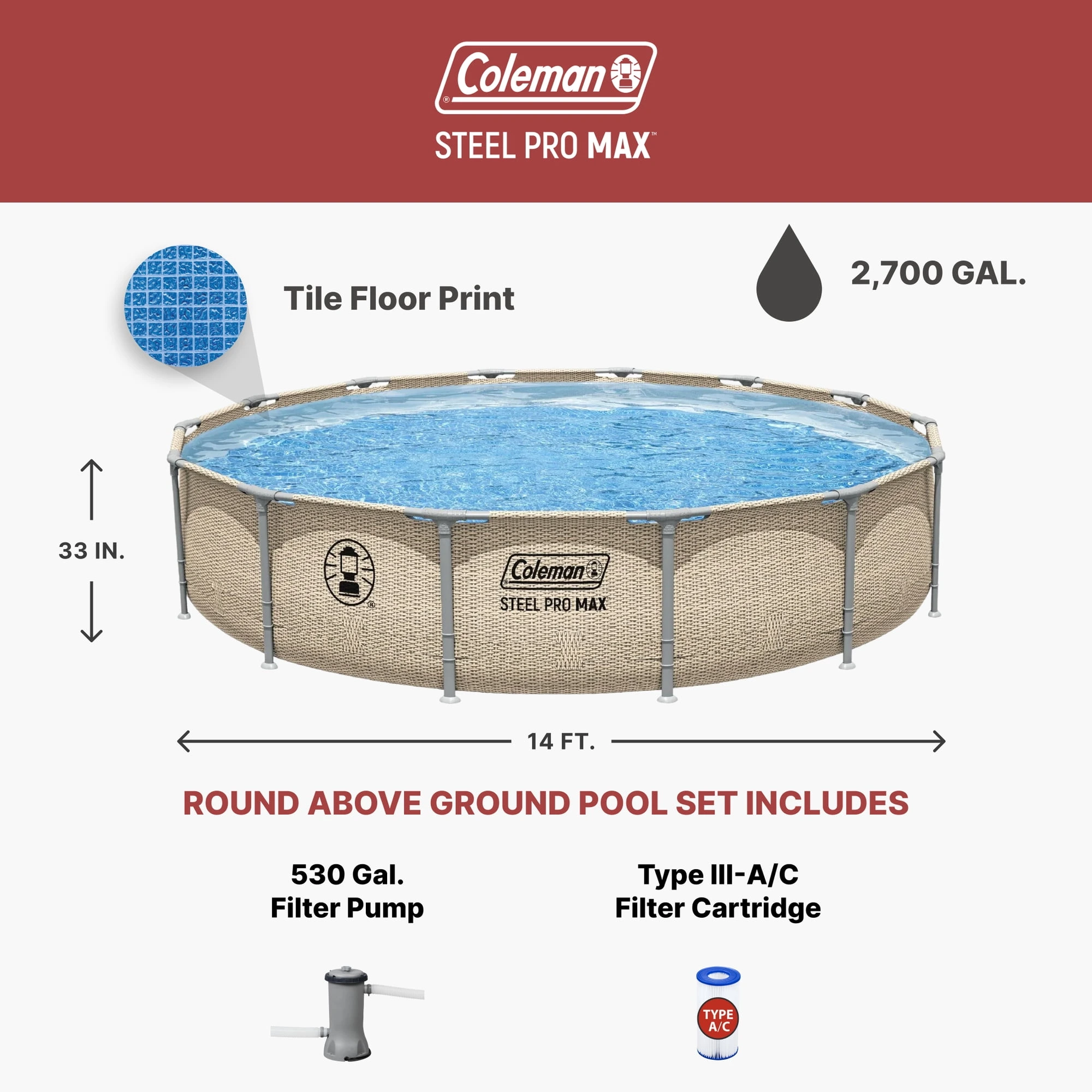 Coleman Steel Pro Max 14′ x 33″ Round Metal Frame Above Ground Pool Set - Image 2