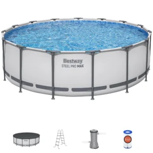 Bestway Steel Pro MAX 15′ x 48″ Prismatic Stone Pool Set| Durable Construction, Easy Assembly, and All-Inclusive Accessories – above ground pool set with filter pump, ladder, and pool cover
