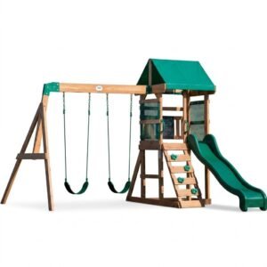 Backyard Discovery Buckley Hill Cedar Wood Swing Set with Wave Slide, Play Deck, Rock Wall Ladder, Belt Swings, Chalkboard, Canopy Roof, Outdoor Playset