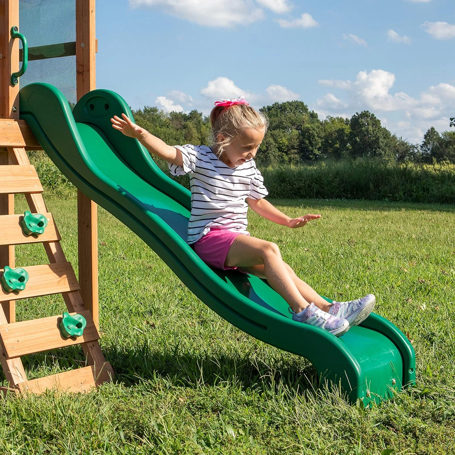 Backyard Discovery Buckley Hill Cedar Wood Swing Set with Wave Slide, Play Deck, Rock Wall Ladder, Belt Swings, Chalkboard, Canopy Roof, Outdoor Playset - Image 3