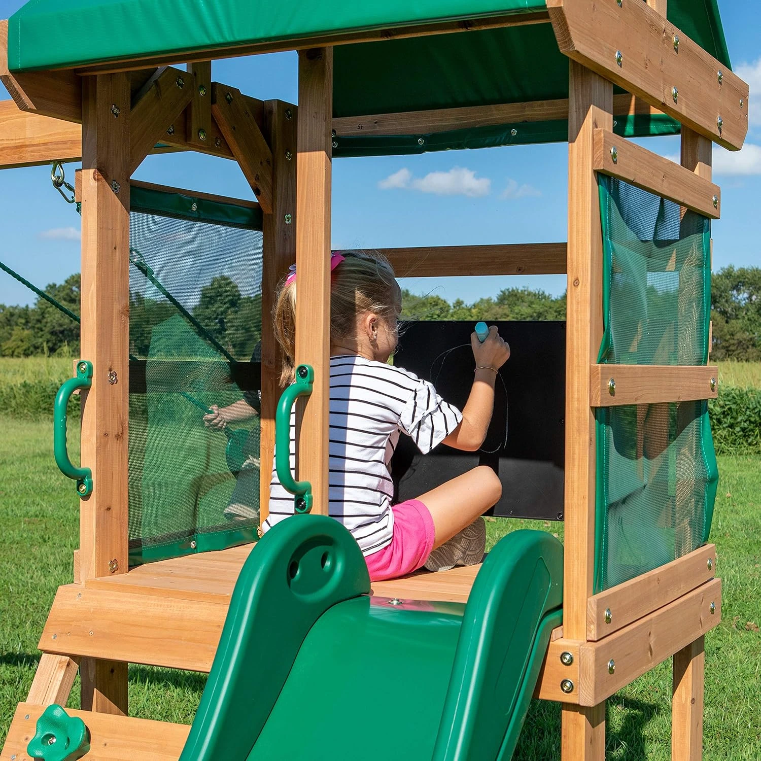 Backyard Discovery Buckley Hill Cedar Wood Swing Set with Wave Slide, Play Deck, Rock Wall Ladder, Belt Swings, Chalkboard, Canopy Roof, Outdoor Playset - Image 6