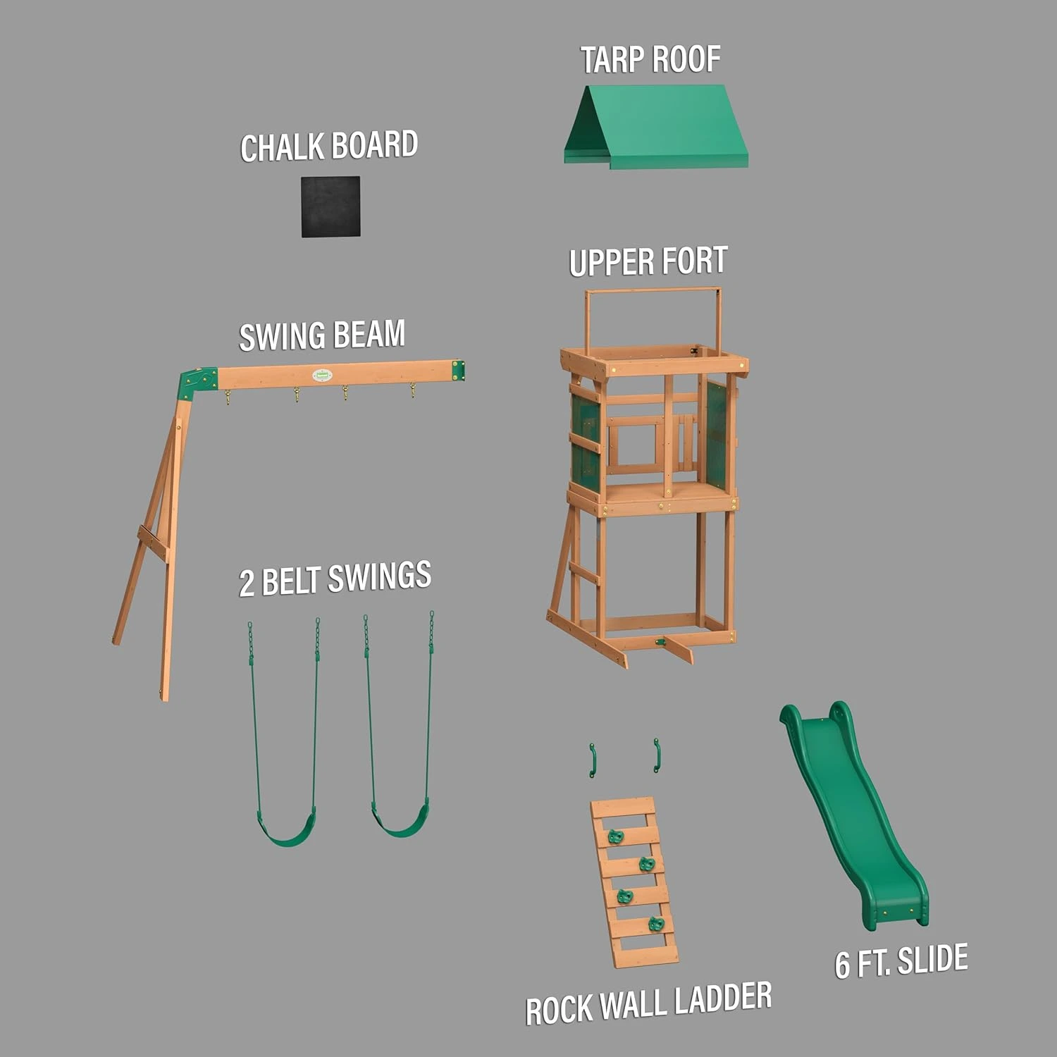 Backyard Discovery Buckley Hill Cedar Wood Swing Set with Wave Slide, Play Deck, Rock Wall Ladder, Belt Swings, Chalkboard, Canopy Roof, Outdoor Playset - Image 8