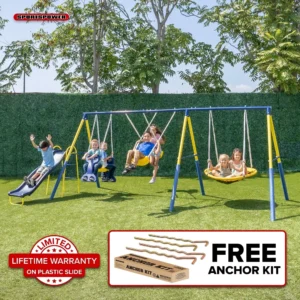 Sportspower Super Star 5-in-1 Metal Swing Set: 2 Swings, Flying Saucer, 2-Person Roman Glider, 6.5ft Slide; Great for Kids 3-8; Bonus Anchor Kit