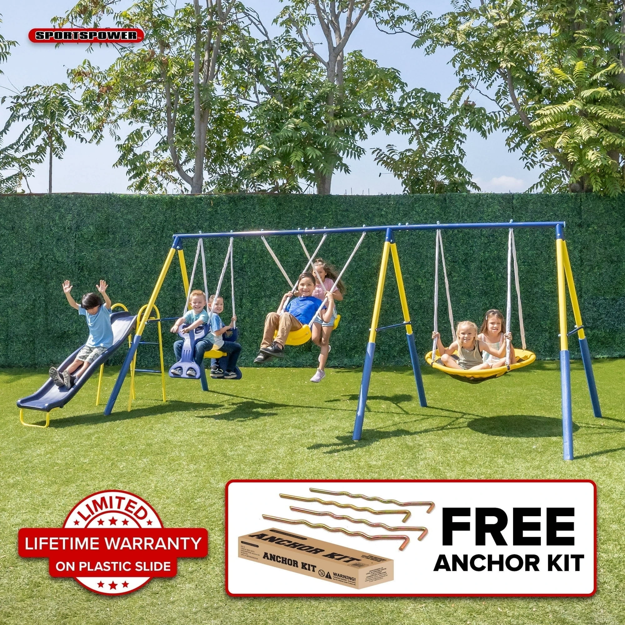 Sportspower Super Star 5-in-1 Metal Swing Set: 2 Swings, Flying Saucer, 2-Person Roman Glider, 6.5ft Slide; Great for Kids 3-8; Bonus Anchor Kit