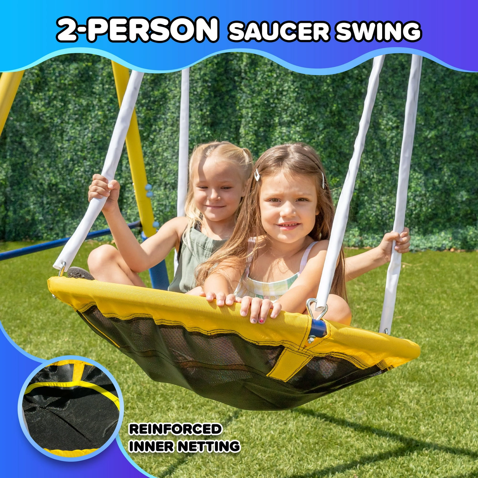 Sportspower Super Star 5-in-1 Metal Swing Set: 2 Swings, Flying Saucer, 2-Person Roman Glider, 6.5ft Slide; Great for Kids 3-8; Bonus Anchor Kit - Image 2