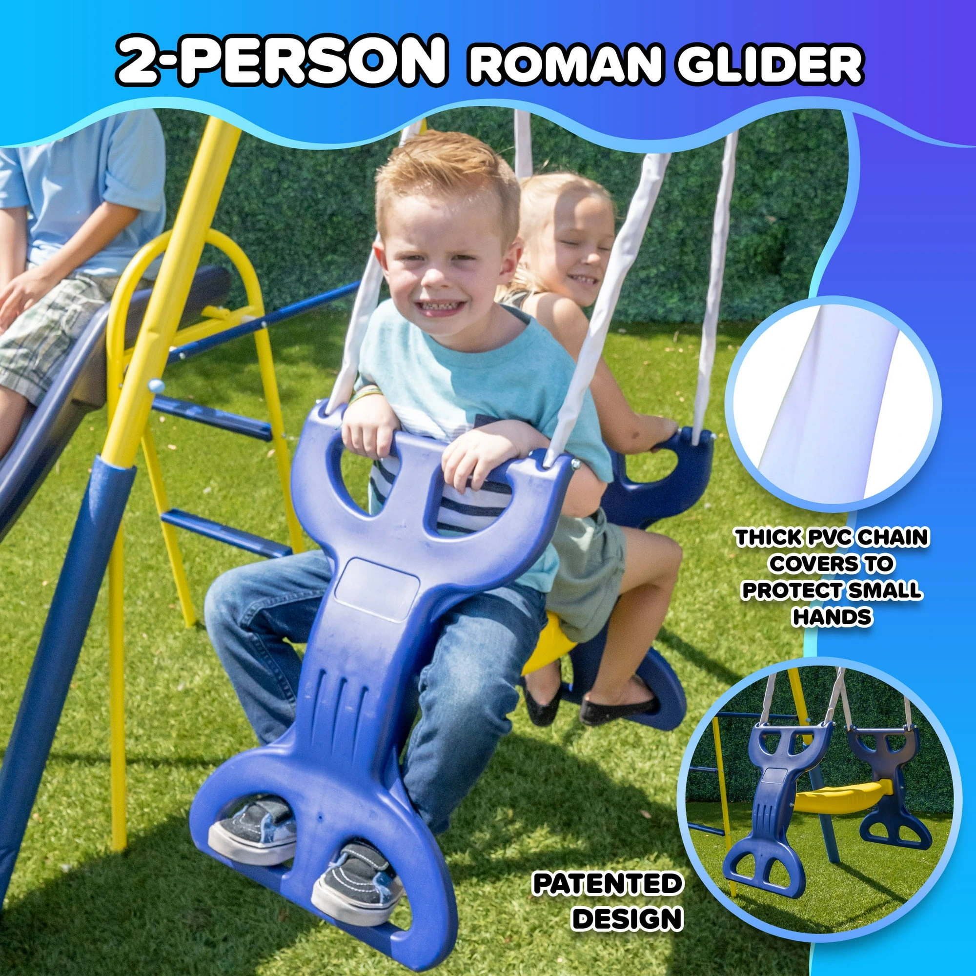 Sportspower Super Star 5-in-1 Metal Swing Set: 2 Swings, Flying Saucer, 2-Person Roman Glider, 6.5ft Slide; Great for Kids 3-8; Bonus Anchor Kit - Image 5