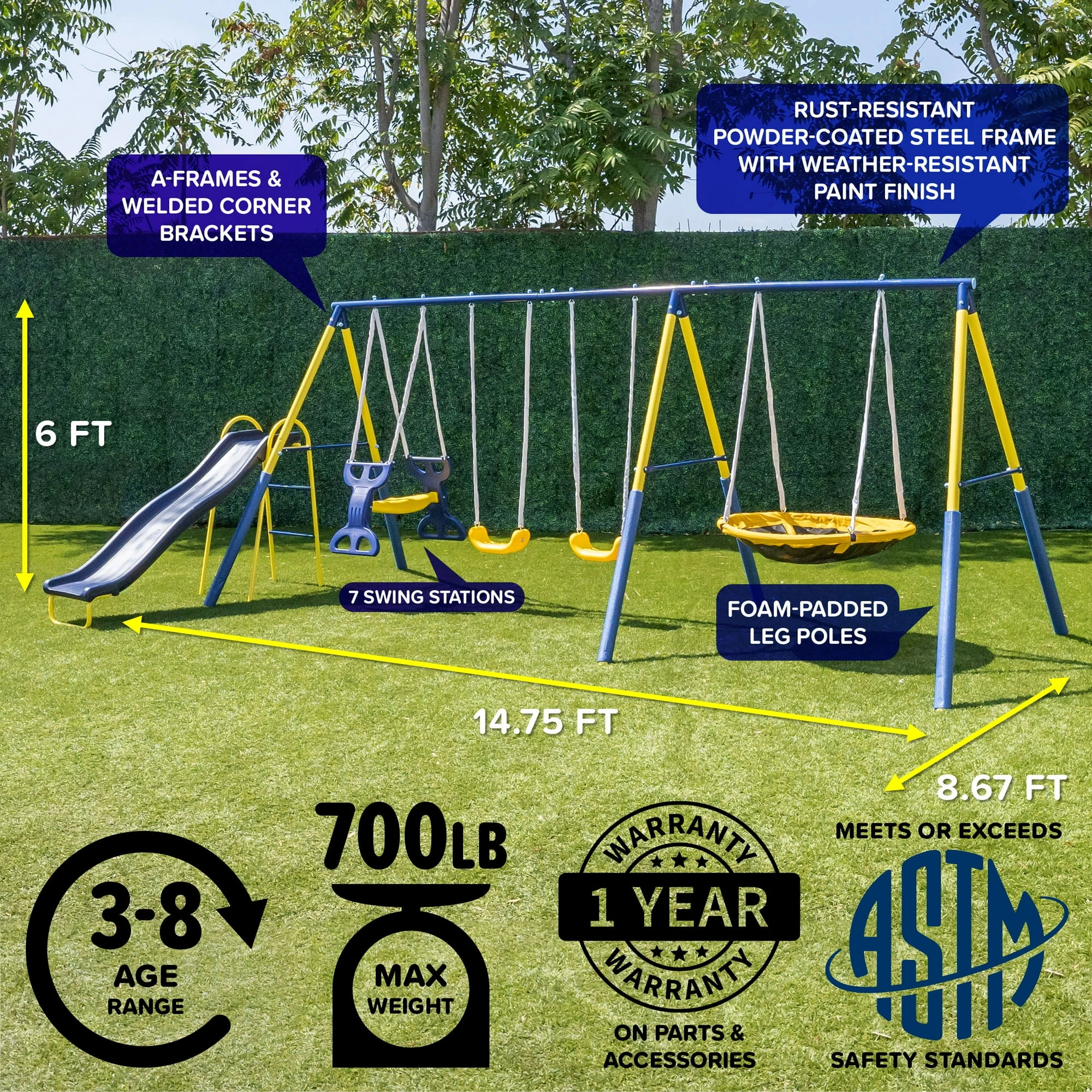 Sportspower Super Star 5-in-1 Metal Swing Set: 2 Swings, Flying Saucer, 2-Person Roman Glider, 6.5ft Slide; Great for Kids 3-8; Bonus Anchor Kit - Image 7