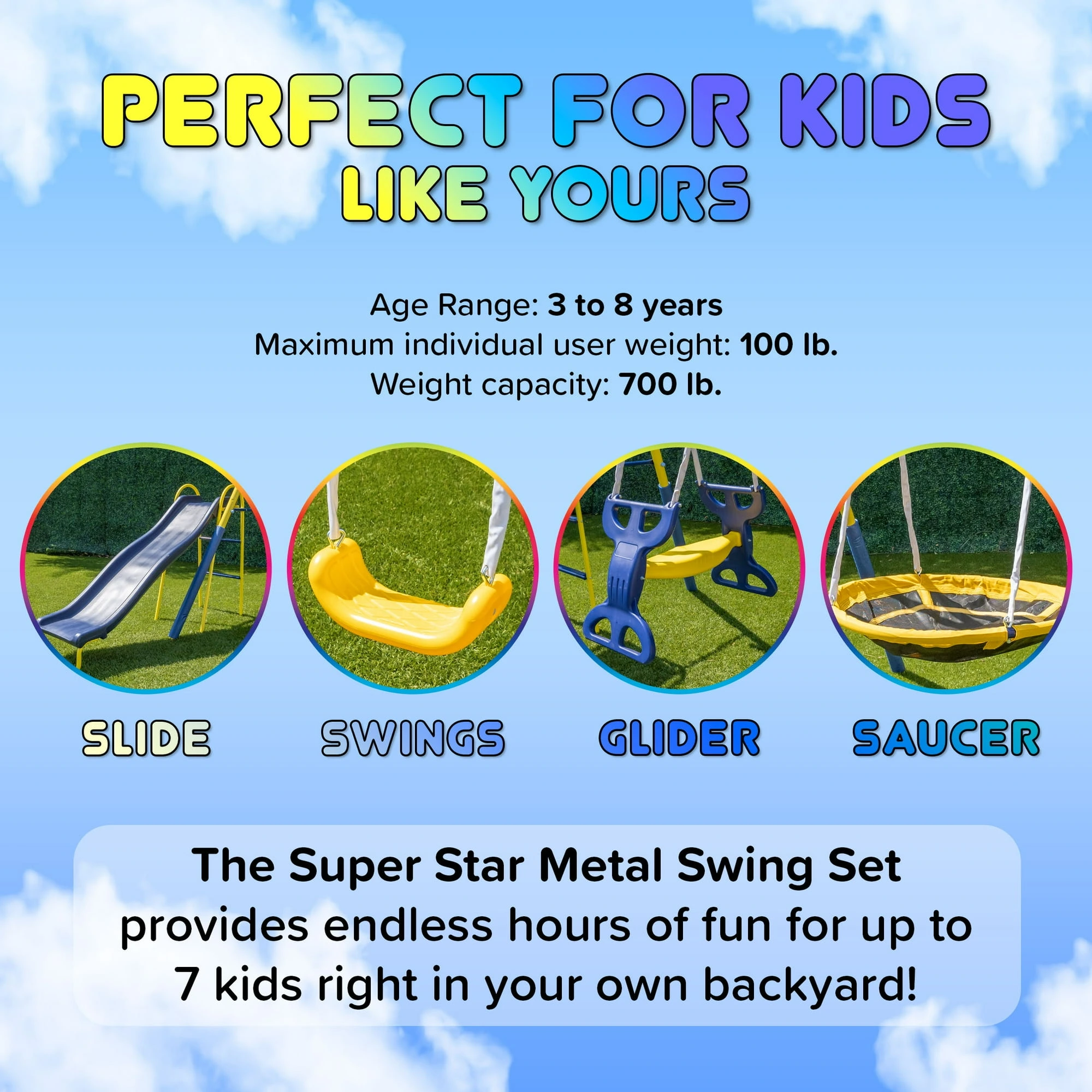 Sportspower Super Star 5-in-1 Metal Swing Set: 2 Swings, Flying Saucer, 2-Person Roman Glider, 6.5ft Slide; Great for Kids 3-8; Bonus Anchor Kit - Image 9