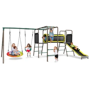 Klo Kick 6-in-1 Swing Set with Slide,Crawl Tunnel and Monkey Bars for Backyard, Playground for Kids Aged 3-12
