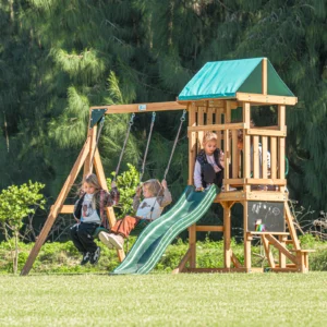 DOLPHIN PLAYGROUND Wooden Outdoor Playset with Dual Swings, Slide, and Playhouse – Rounded Edges