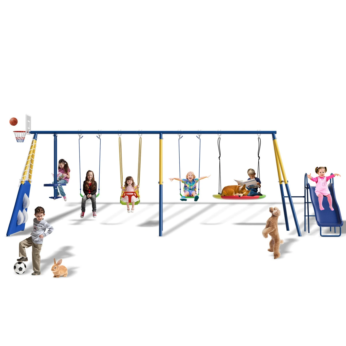 SUMIJ 8 in1 Swing Sets for Backyard with Kids Slide Outdoor Heavy-Duty Metal Playset for Kids 550lbs Swing Set with Slide, Saucer Seat, 2 Belt Seat, Soccer Goals, Glider,Baby Swing Set and Baketball Hoop