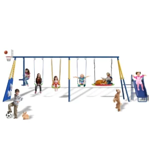 SUMIJ 8 in1 Swing Sets for Backyard with Kids Slide Outdoor Heavy-Duty Metal Playset for Kids 550lbs Swing Set with Slide, Saucer Seat, 2 Belt Seat, Soccer Goals, Glider,Baby Swing Set and Baketball Hoop