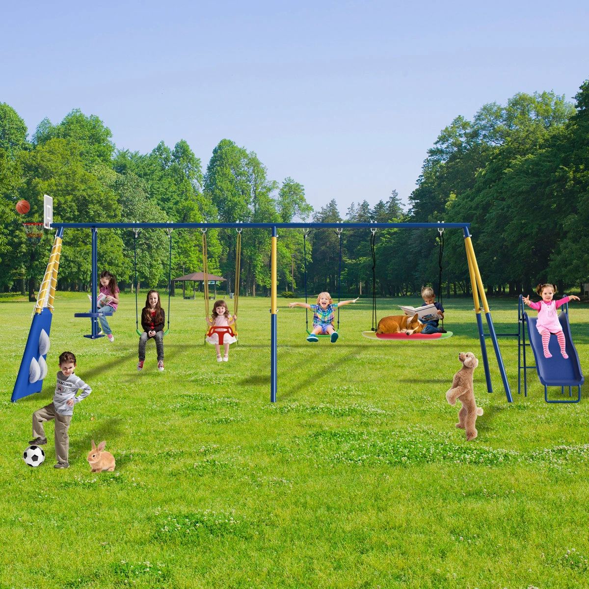 SUMIJ 8 in1 Swing Sets for Backyard with Kids Slide Outdoor Heavy-Duty Metal Playset for Kids 550lbs Swing Set with Slide, Saucer Seat, 2 Belt Seat, Soccer Goals, Glider,Baby Swing Set and Baketball Hoop - Image 2