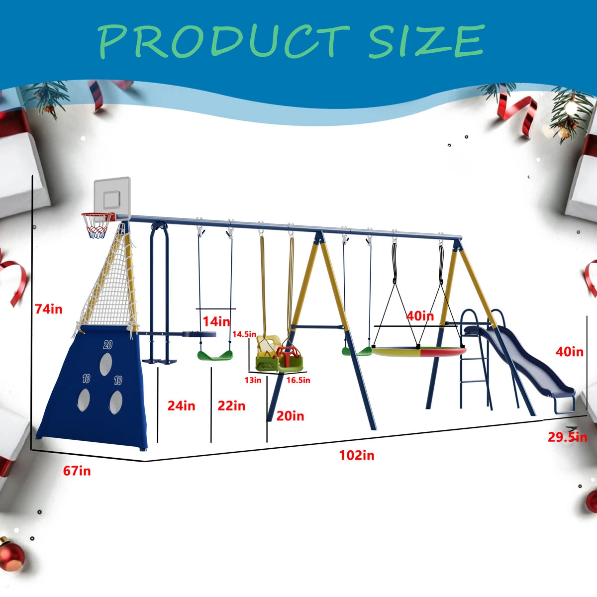 SUMIJ 8 in1 Swing Sets for Backyard with Kids Slide Outdoor Heavy-Duty Metal Playset for Kids 550lbs Swing Set with Slide, Saucer Seat, 2 Belt Seat, Soccer Goals, Glider,Baby Swing Set and Baketball Hoop - Image 3