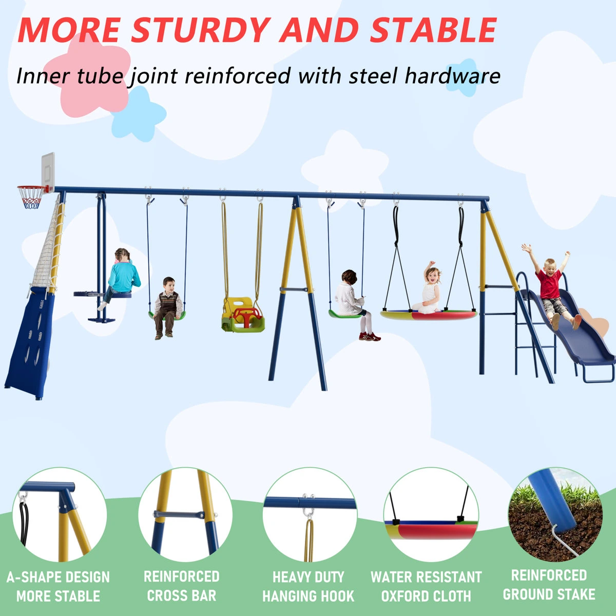 SUMIJ 8 in1 Swing Sets for Backyard with Kids Slide Outdoor Heavy-Duty Metal Playset for Kids 550lbs Swing Set with Slide, Saucer Seat, 2 Belt Seat, Soccer Goals, Glider,Baby Swing Set and Baketball Hoop - Image 4