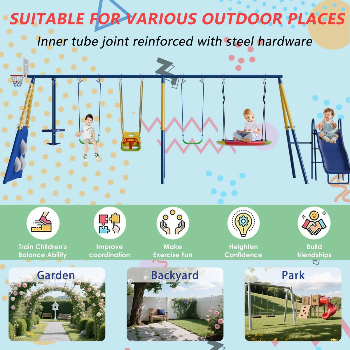 SUMIJ 8 in1 Swing Sets for Backyard with Kids Slide Outdoor Heavy-Duty Metal Playset for Kids 550lbs Swing Set with Slide, Saucer Seat, 2 Belt Seat, Soccer Goals, Glider,Baby Swing Set and Baketball Hoop - Image 5
