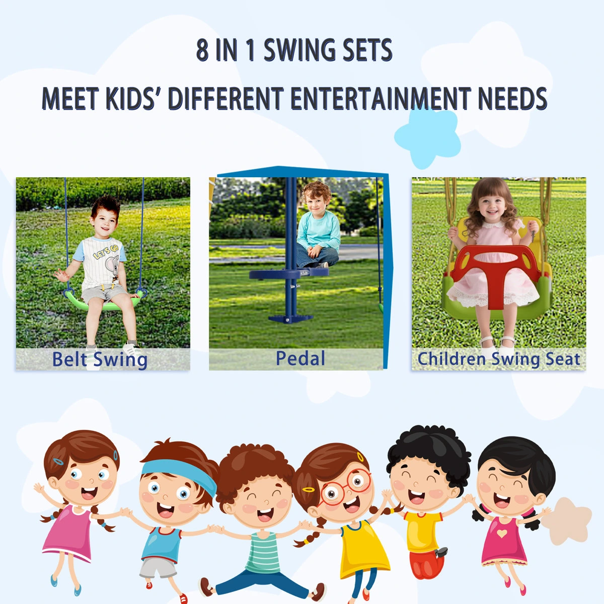SUMIJ 8 in1 Swing Sets for Backyard with Kids Slide Outdoor Heavy-Duty Metal Playset for Kids 550lbs Swing Set with Slide, Saucer Seat, 2 Belt Seat, Soccer Goals, Glider,Baby Swing Set and Baketball Hoop - Image 6