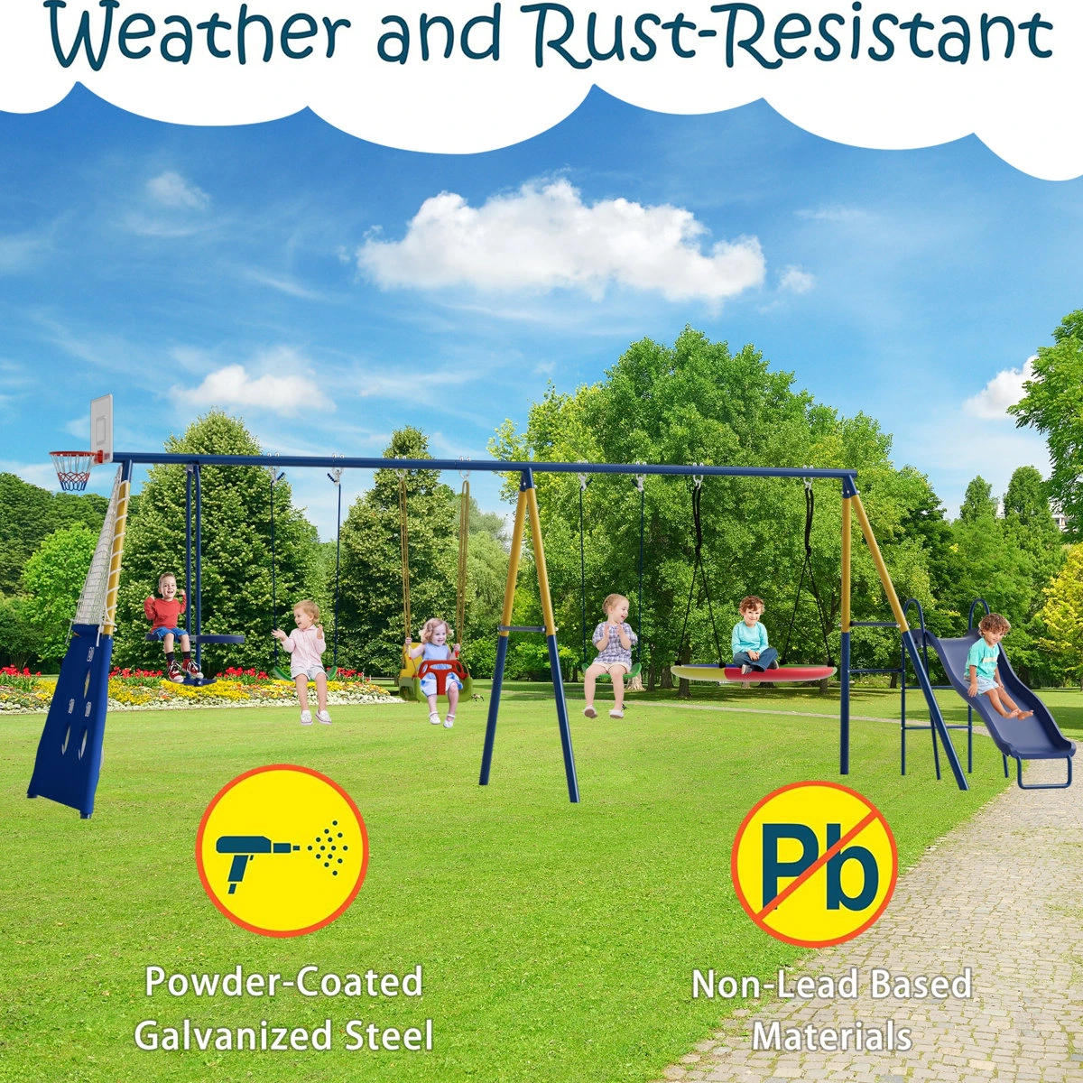 SUMIJ 8 in1 Swing Sets for Backyard with Kids Slide Outdoor Heavy-Duty Metal Playset for Kids 550lbs Swing Set with Slide, Saucer Seat, 2 Belt Seat, Soccer Goals, Glider,Baby Swing Set and Baketball Hoop - Image 8