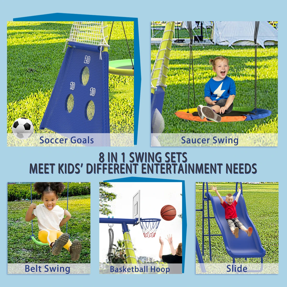 SUMIJ 8 in1 Swing Sets for Backyard with Kids Slide Outdoor Heavy-Duty Metal Playset for Kids 550lbs Swing Set with Slide, Saucer Seat, 2 Belt Seat, Soccer Goals, Glider,Baby Swing Set and Baketball Hoop - Image 9