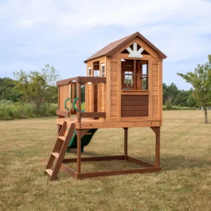 Backyard Discovery Echo Heights Cedar Wooden Elevated Kids Playhouse with Wave Slide, Play Kitchen, and Deck
