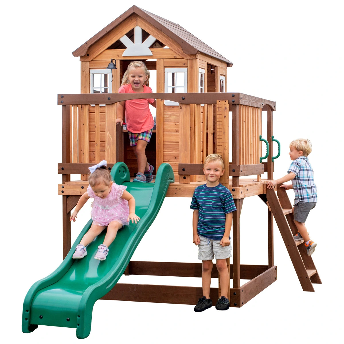 Backyard Discovery Echo Heights Cedar Wooden Elevated Kids Playhouse with Wave Slide, Play Kitchen, and Deck - Image 11