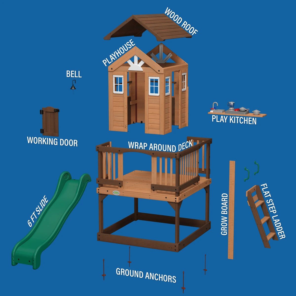 Backyard Discovery Echo Heights Cedar Wooden Elevated Kids Playhouse with Wave Slide, Play Kitchen, and Deck - Image 12