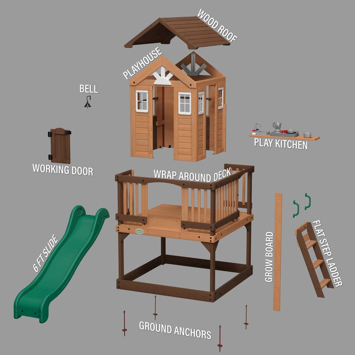 Backyard Discovery Echo Heights Cedar Wooden Elevated Kids Playhouse with Wave Slide, Play Kitchen, and Deck - Image 13