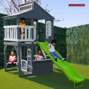 Sportspower Blakely 2-Story Playhouse with 8FT Slide, Working Door, Benches for Rest & Pretend Play Features, for Kids Ages 3-10, Wooden Elevated Playhouse