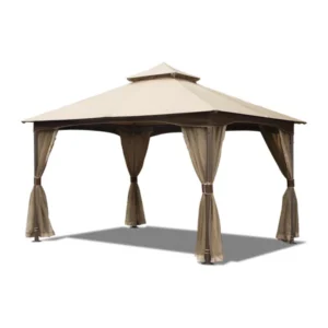 10’X13′ Patio Gazebo – Metal, Net, Waterproof, Stable, Khaki With Net Metal Frame, Double Roof, Resistance, Waterproof Canopy