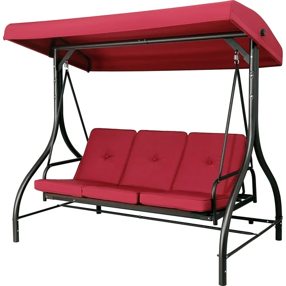LAZY BUDDY 3-Seat Porch Swing with Adjustable Canopy, Outdoor Swing Chair Convertible Swing Bed with Removable Cushion for Yard Garden Balcony