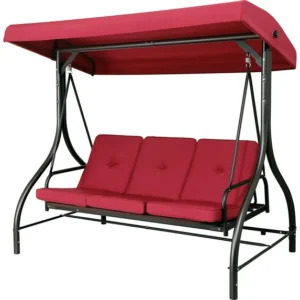 LAZY BUDDY 3-Seat Porch Swing with Adjustable Canopy, Outdoor Swing Chair Convertible Swing Bed with Removable Cushion for Yard Garden Balcony