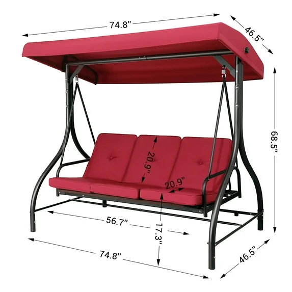 LAZY BUDDY 3-Seat Porch Swing with Adjustable Canopy, Outdoor Swing Chair Convertible Swing Bed with Removable Cushion for Yard Garden Balcony - Image 2