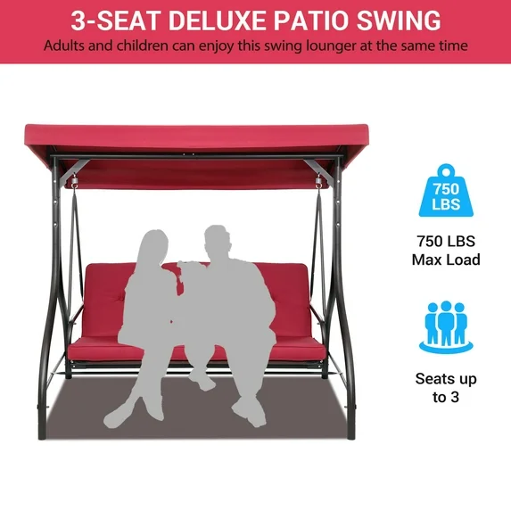 LAZY BUDDY 3-Seat Porch Swing with Adjustable Canopy, Outdoor Swing Chair Convertible Swing Bed with Removable Cushion for Yard Garden Balcony - Image 3