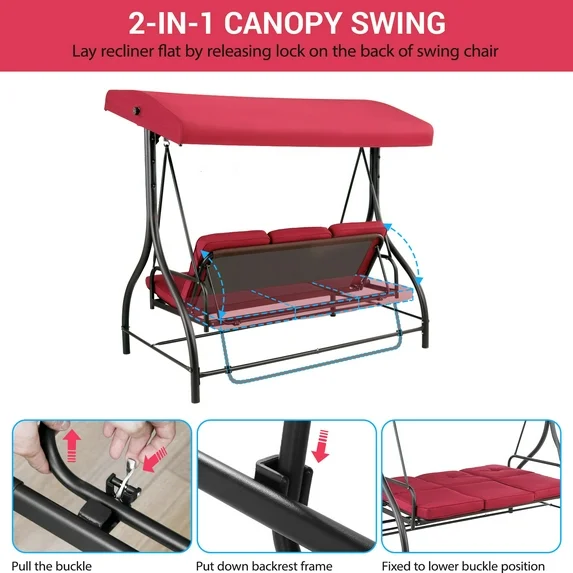 LAZY BUDDY 3-Seat Porch Swing with Adjustable Canopy, Outdoor Swing Chair Convertible Swing Bed with Removable Cushion for Yard Garden Balcony - Image 4