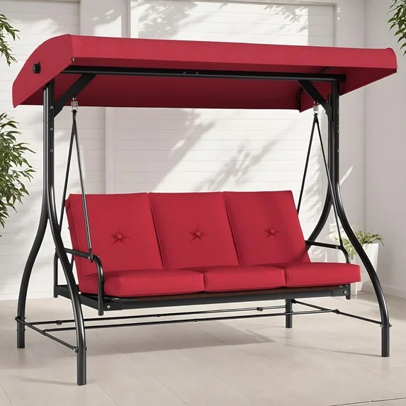 LAZY BUDDY 3-Seat Porch Swing with Adjustable Canopy, Outdoor Swing Chair Convertible Swing Bed with Removable Cushion for Yard Garden Balcony - Image 5