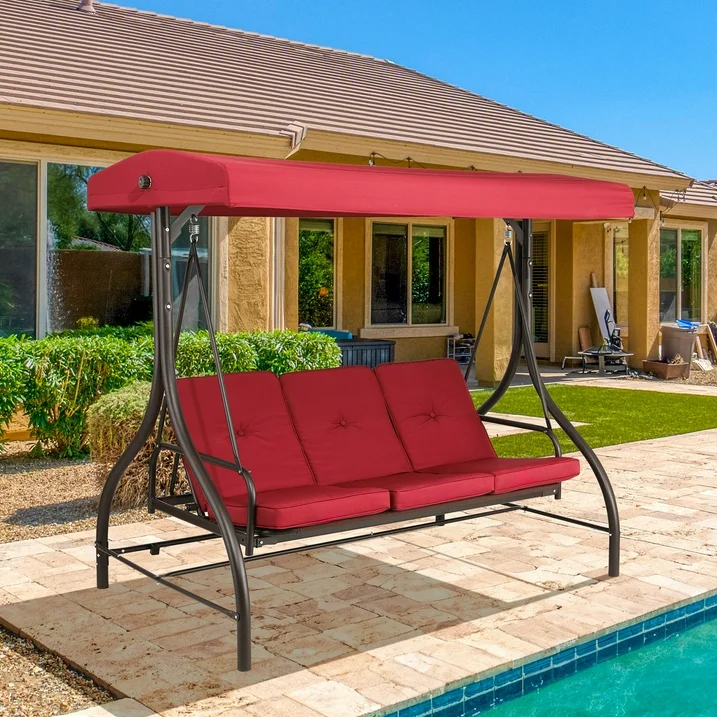 LAZY BUDDY 3-Seat Porch Swing with Adjustable Canopy, Outdoor Swing Chair Convertible Swing Bed with Removable Cushion for Yard Garden Balcony - Image 6
