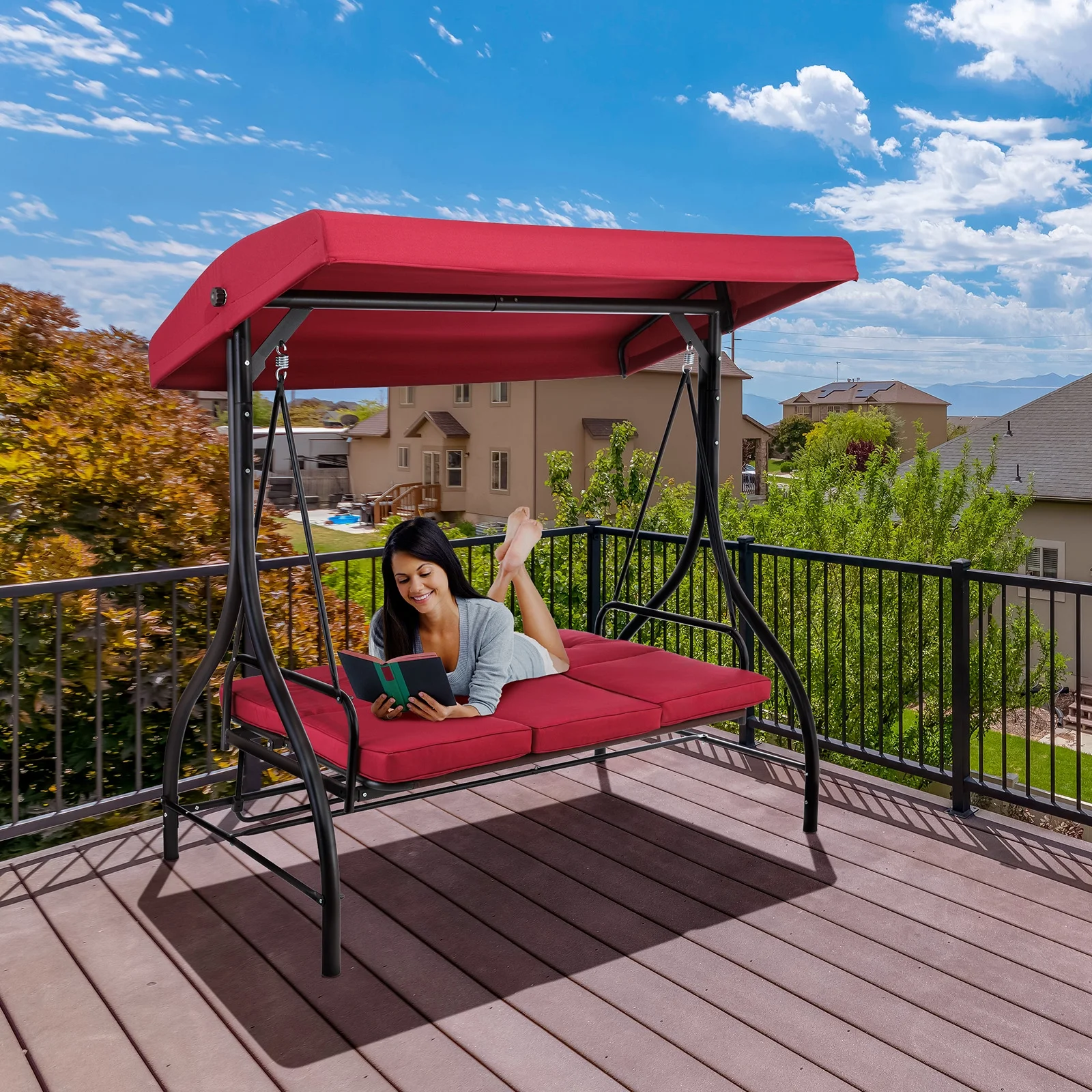 LAZY BUDDY 3-Seat Porch Swing with Adjustable Canopy, Outdoor Swing Chair Convertible Swing Bed with Removable Cushion for Yard Garden Balcony - Image 7