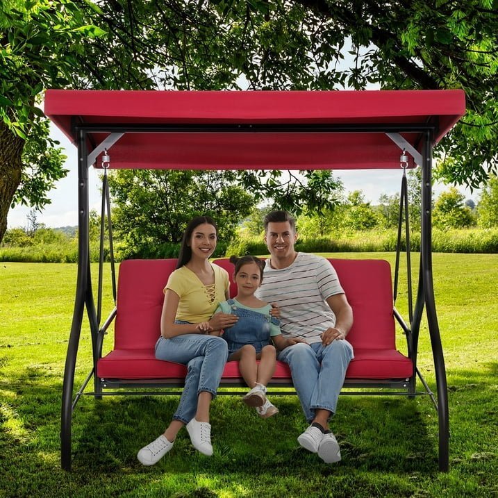 LAZY BUDDY 3-Seat Porch Swing with Adjustable Canopy, Outdoor Swing Chair Convertible Swing Bed with Removable Cushion for Yard Garden Balcony - Image 8