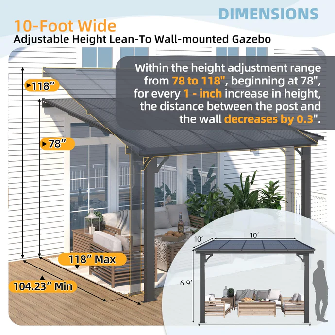 AECOJOY 10’x10′ Adjustable Height Wall Mounted Outdoor Gazebos Pergola - Image 8