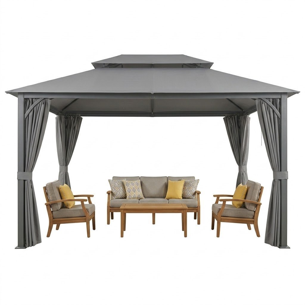 Furmax 13 Ft. W x 10 Ft. D Soft Top Steel Patio Gazebo with 2-Tier Canopy and Zippered Mesh Netting for Outdoor, Patio, Garden, and Backyard Activities