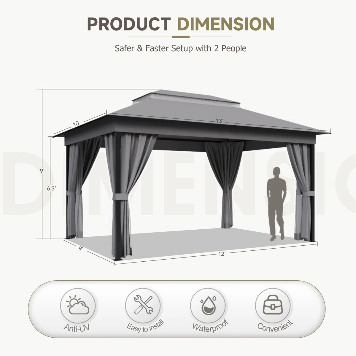 Furmax 13 Ft. W x 10 Ft. D Soft Top Steel Patio Gazebo with 2-Tier Canopy and Zippered Mesh Netting for Outdoor, Patio, Garden, and Backyard Activities - Image 5