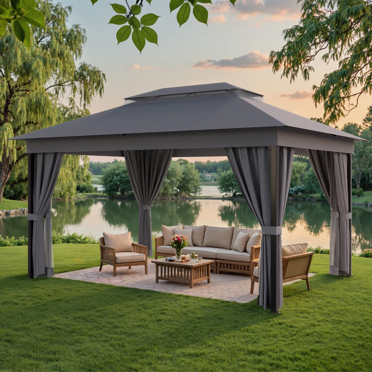 Furmax 13 Ft. W x 10 Ft. D Soft Top Steel Patio Gazebo with 2-Tier Canopy and Zippered Mesh Netting for Outdoor, Patio, Garden, and Backyard Activities - Image 6