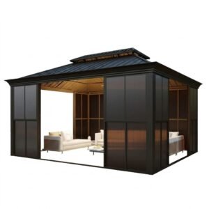 EROMMY 14 Ft. W X 12 Ft. D Outdoor Hardtop Gazebo, Double Top Galvanized Steel Roof Aluminum Sunroom