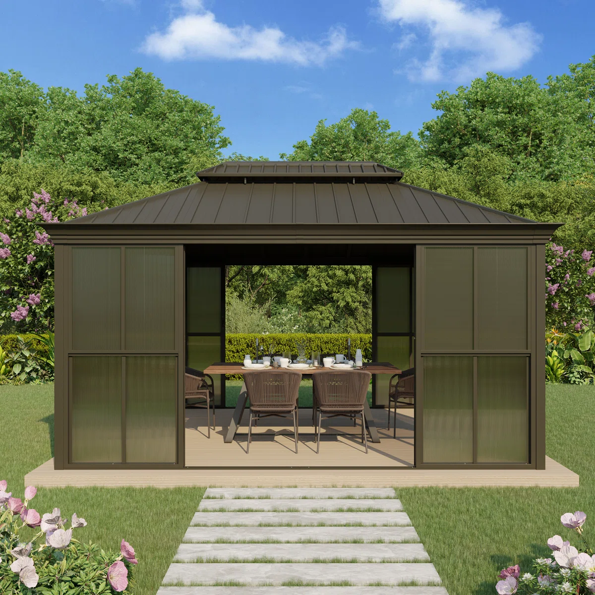 EROMMY 14 Ft. W X 12 Ft. D Outdoor Hardtop Gazebo, Double Top Galvanized Steel Roof Aluminum Sunroom - Image 11