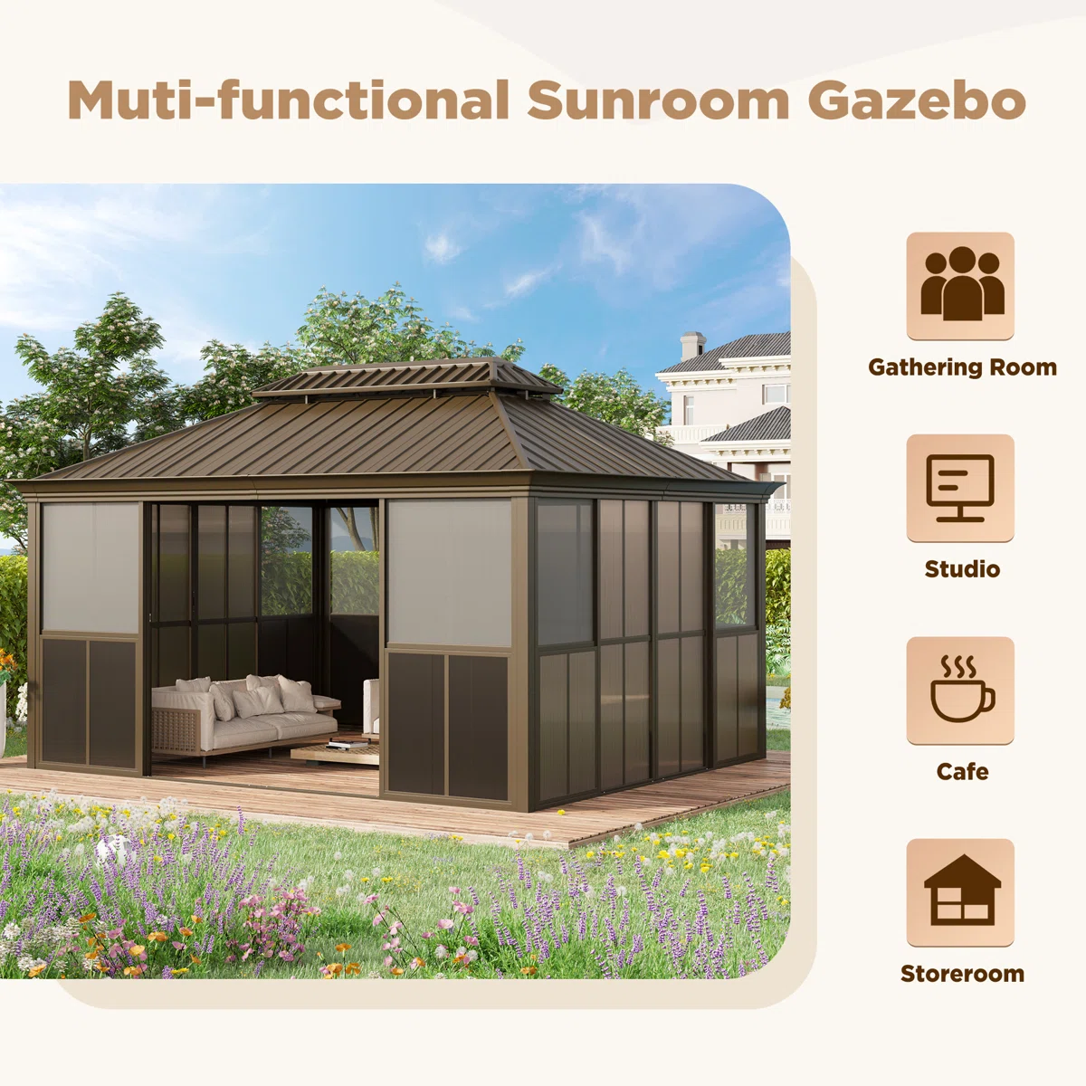 EROMMY 14 Ft. W X 12 Ft. D Outdoor Hardtop Gazebo, Double Top Galvanized Steel Roof Aluminum Sunroom - Image 4