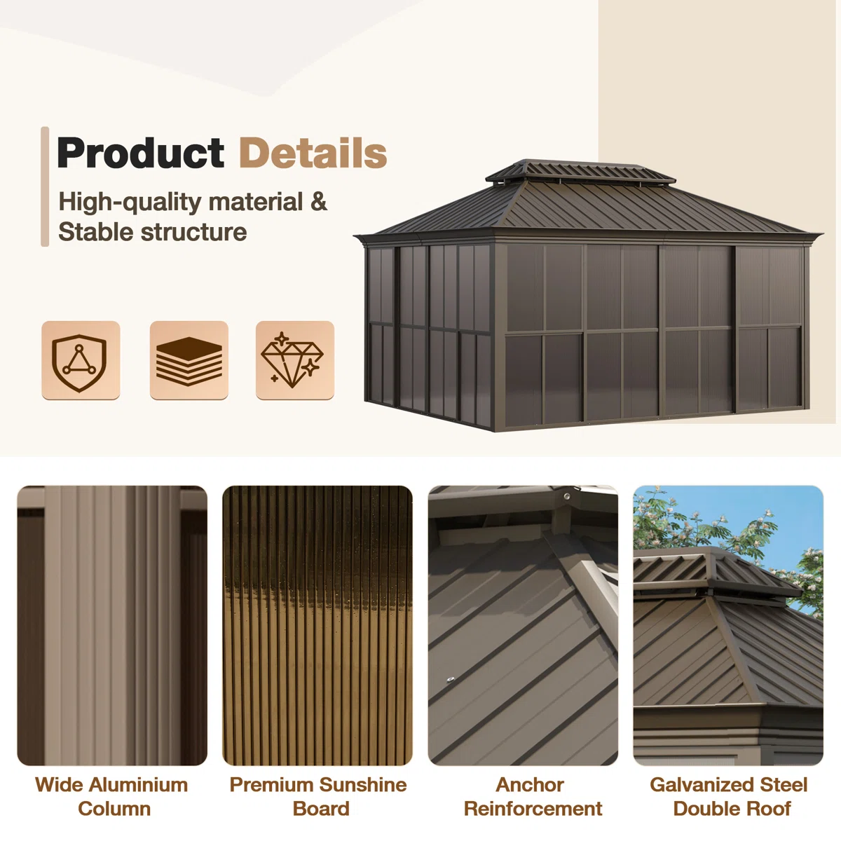 EROMMY 14 Ft. W X 12 Ft. D Outdoor Hardtop Gazebo, Double Top Galvanized Steel Roof Aluminum Sunroom - Image 8